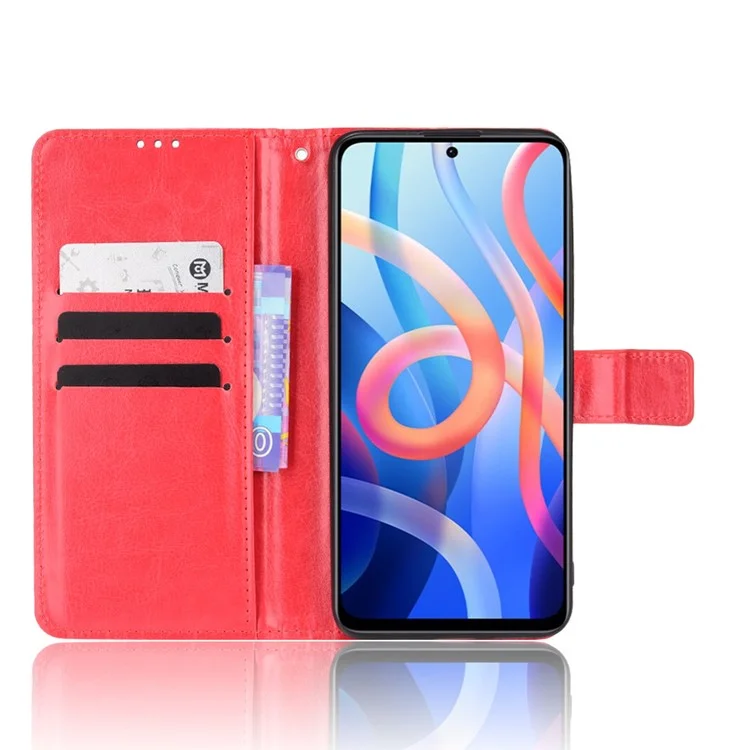 Crazy Horse Texture Anti-fall PU Leather Willet Case de Cubierta de Color Sólido Con Correa Para Xiaomi Redmi Nota 11 5G (China) (mediatek)/nota 11T 5g/nota 11S 5G - Rojo