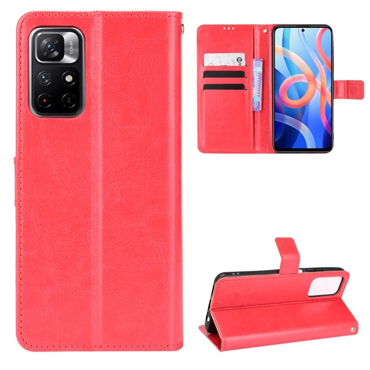 Crazy Horse Texture Anti-fall PU Leather Willet Case de Cubierta de Color Sólido Con Correa Para Xiaomi Redmi Nota 11 5G (China) (mediatek)/nota 11T 5g/nota 11S 5G - Rojo
