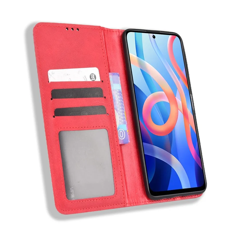 Mosaikgräns mönster Splicing Läderplånbok Stånd Magnetisk Spännes Telefon Skal Hölster för Xiaomi Redmi Note 11 5G (Kina) (MediaTek)/Note 11T 5G/Note 11S 5G - Röd