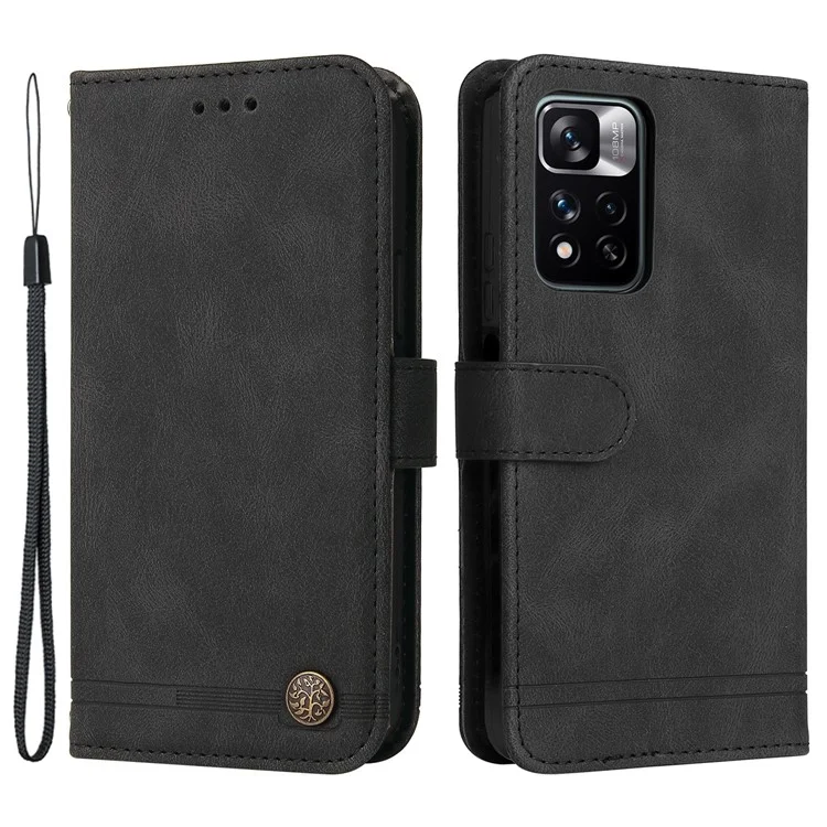 Leather Case Skin-touch Stand Wallet Leather Cover Shell with Tree Pattern Metal Button Decor for Xiaomi Redmi Note 11 Pro 5G (China) (MediaTek)/Note 11 Pro+ 5G - Black