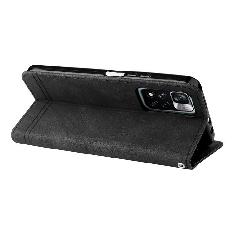 Custodia in Pelle Portafoglio Per Supporto Per Supporto Per la Pelle Guscio in Pelle Con Decorazione Per Bottone in Metallo Per Albero Per Xiaomi Redmi Note 11 Pro 5G (cina) (mediatiatek)/nota 11 Pro+ 5G - Nero