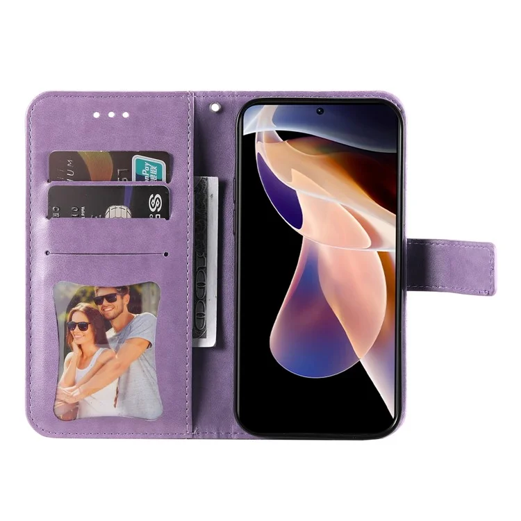 Imprinting Flower Pattern Wallet Leather Protective Phone Case Shell with Foldable Stand for Xiaomi Redmi Note 11 Pro 5G (China) (MediaTek)/Note 11 Pro+ 5G - Purple