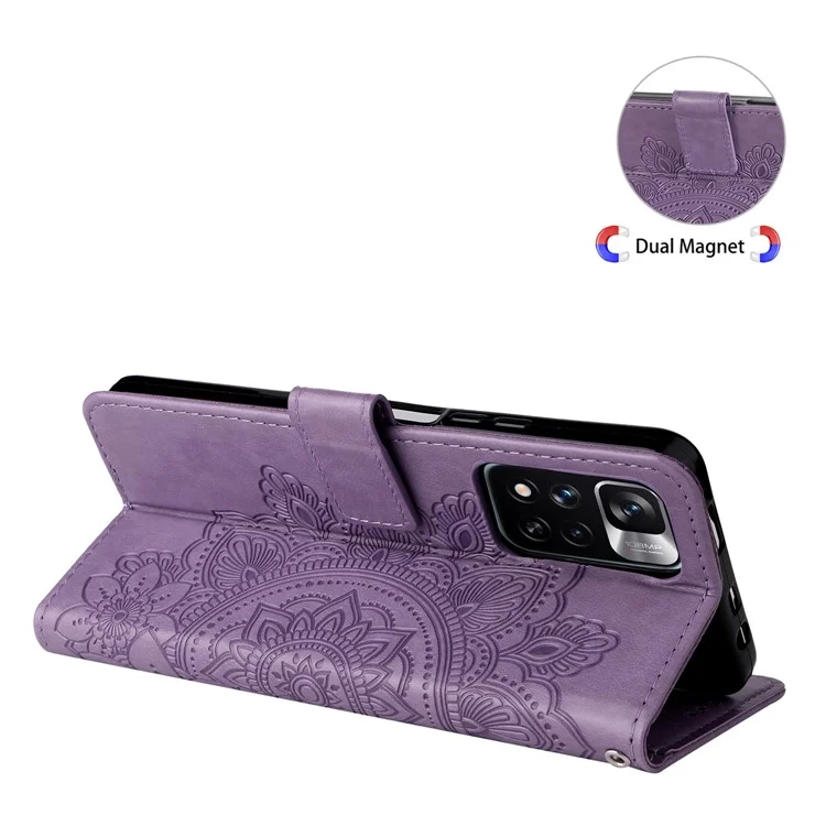 Imprinting Flower Pattern Wallet Leather Protective Phone Case Shell with Foldable Stand for Xiaomi Redmi Note 11 Pro 5G (China) (MediaTek)/Note 11 Pro+ 5G - Purple