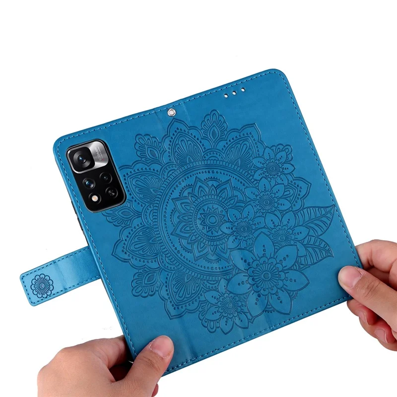 Imprinting Flower Pattern Wallet Leather Protective Phone Case Shell with Foldable Stand for Xiaomi Redmi Note 11 Pro 5G (China) (MediaTek)/Note 11 Pro+ 5G - Blue