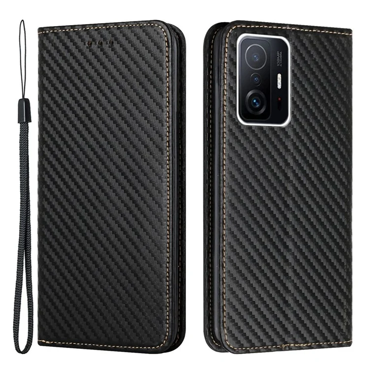 Leather Case Carbon Fiber Texture Stand Wallet Magnetic Auto-absorbed Phone Cover for Xiaomi 11T/11T Pro - Black