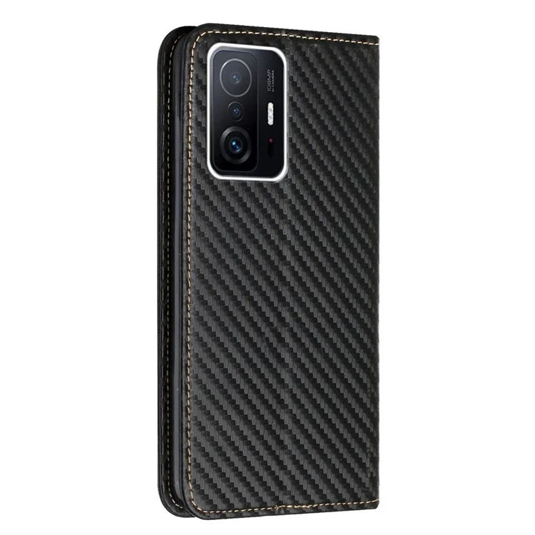 Leather Case Carbon Fiber Texture Stand Wallet Magnetic Auto-absorbed Phone Cover for Xiaomi 11T/11T Pro - Black