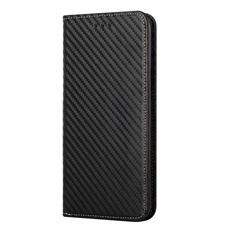 Flip Magnetic Auto-absorbed Carbon Fiber Texture Anti-fall Stand Wallet PU Leather Case Cover with Hand Strap for Xiaomi Mi 11 - Black