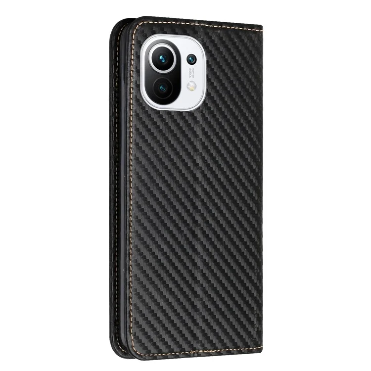 Flip Magnetic Auto-absorbed Carbon Fiber Texture Anti-fall Stand Wallet PU Leather Case Cover with Hand Strap for Xiaomi Mi 11 - Black