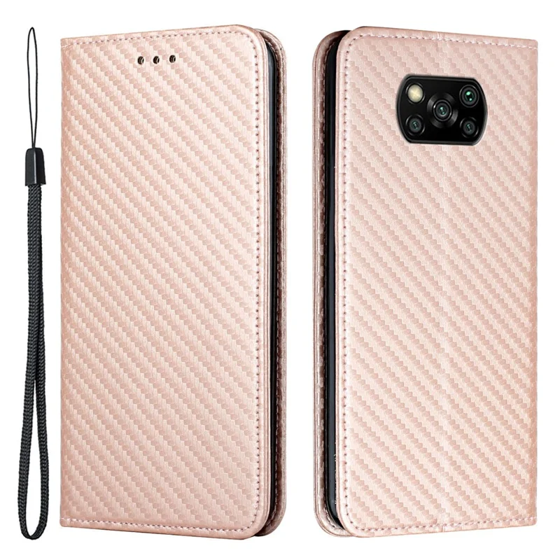Texture De La Fibre De Carbone Anti-rayures Flip Magnetic Auto-absorbé Stand Porte-boîtier Couverture En Cuir Avec Bracelet À La Main Pour Xiaomi Poco X3 / Poco X3 NFC / POCO X3 PRO - Or Rose