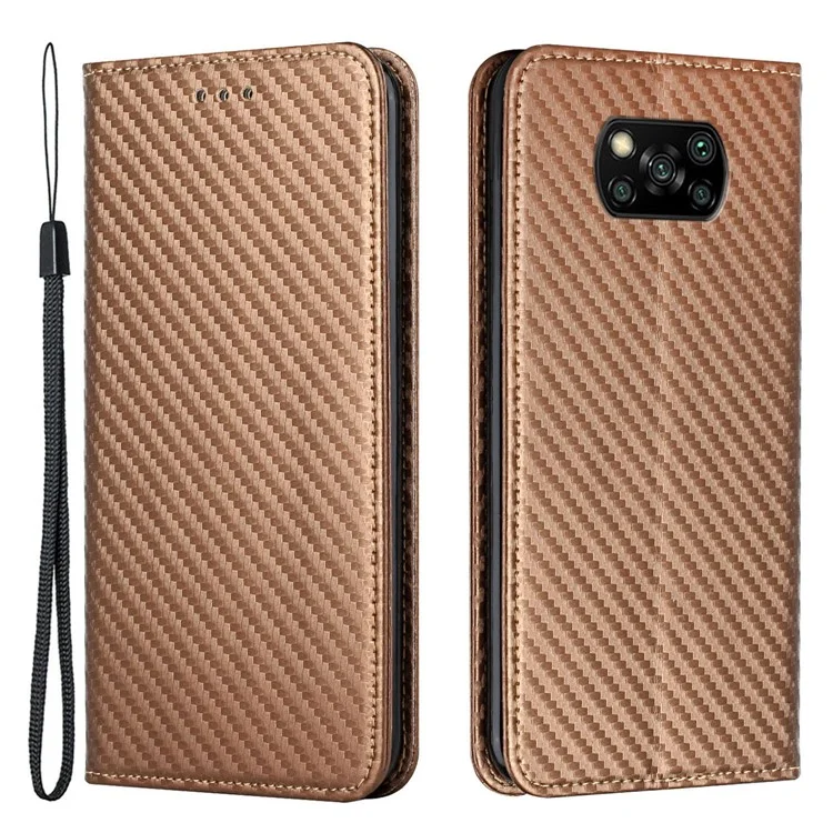 Funda De Fibra De Carbono Anti-arañazos Flip Magnético Autorbido Automático De La Carpeta PU Funda De Cuero De La PU Con La Correa De Mano Para Xiaomi POCO X3 / POCO X3 NFC / POCO X3 PRO - Marrón