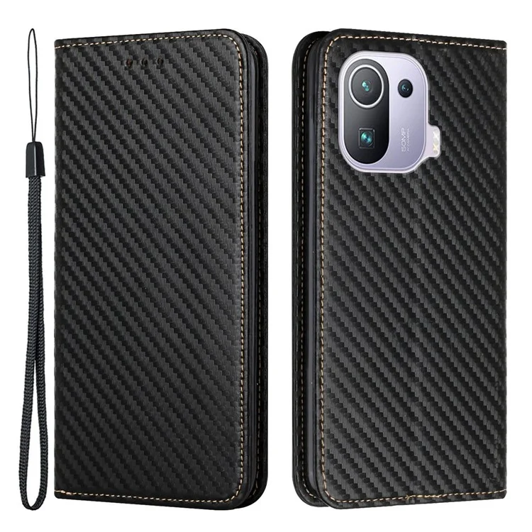 All-Round Protection Flip Auto-absorção Auto-absorvido Fibra De Carbono Textura Carteira PU Capa De Couro Capa Com Alça De Mão Para Xiaomi Mi 11 Pro - Preto