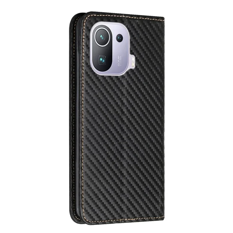 All-Round Protection Flip Auto-absorção Auto-absorvido Fibra De Carbono Textura Carteira PU Capa De Couro Capa Com Alça De Mão Para Xiaomi Mi 11 Pro - Preto