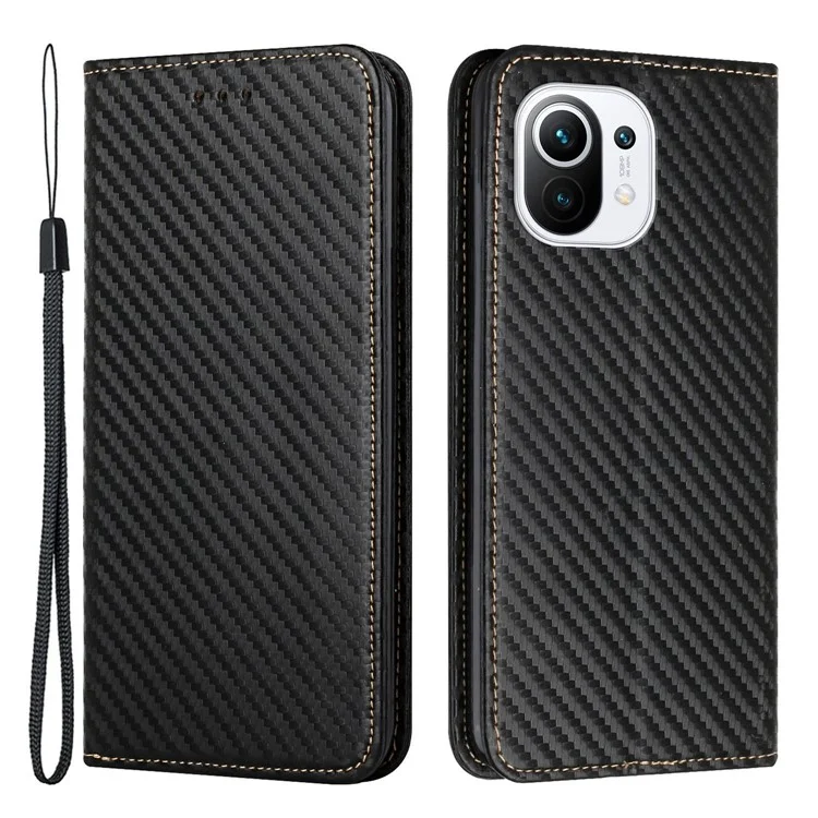 Flip Design Magnetic Auto-absorbed Carbon Fiber Texture Stand Wallet PU Leather Case Cover with Hand Strap for Xiaomi Mi 11 Lite 4G/5G/11 Lite 5G NE - Black