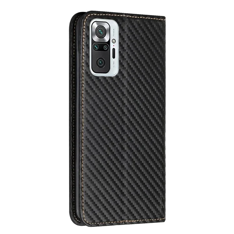 Color Sólido Fibra de Carbono Textura Magnética Cierre Automático Cortero de Cuero Case de Teléfonos Teléfono Para Xiaomi Redmi Note 10 Pro 4G (India)/(Global) - Negro