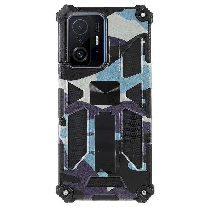 Anti-scratch Built-in Kickstand Camouflage Design Drop-proof Phone Case Shell for Xiaomi 11T/11T Pro - Blue
