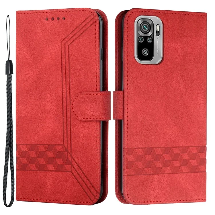 YX0010 Impresión de Líneas de Rombo PU Case de Cuero Pulado Prespresa Profunda Cubierta de Soporte Con Correa Para la Muñeca Para Xiaomi Redmi Nota 10 4g/nota 10s - Rojo