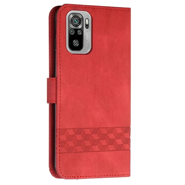 YX0010 Impresión de Líneas de Rombo PU Case de Cuero Pulado Prespresa Profunda Cubierta de Soporte Con Correa Para la Muñeca Para Xiaomi Redmi Nota 10 4g/nota 10s - Rojo