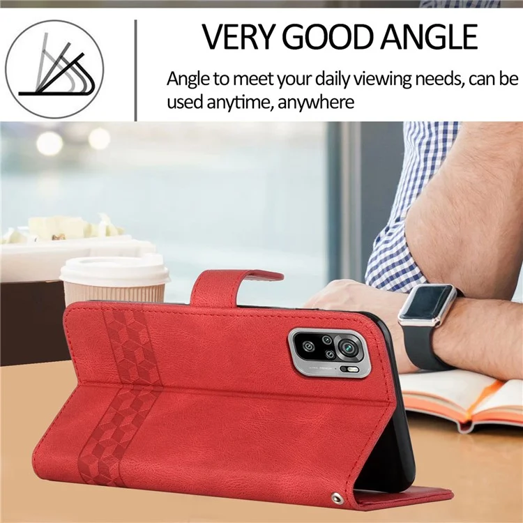 YX0010 Impresión de Líneas de Rombo PU Case de Cuero Pulado Prespresa Profunda Cubierta de Soporte Con Correa Para la Muñeca Para Xiaomi Redmi Nota 10 4g/nota 10s - Rojo