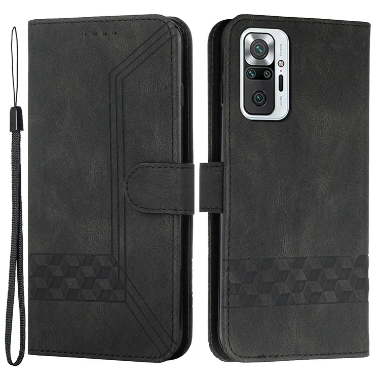 YX0010 Drucken Von Rhombus-linien Haut-touch-schutzhülle Wallet Wallet Mit Stand Für Xiaomi Redmi Anmerkung 10 Pro 4G (indien)/(global) - Schwarz