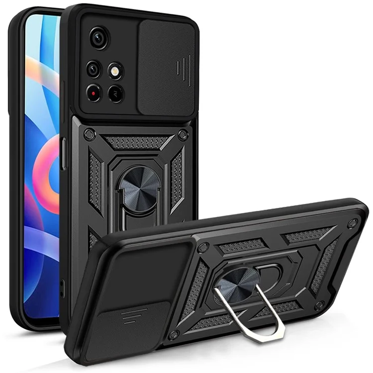 Pour Xiaomi Redmi Note 11 5G (Chine) (MediaTek)/Note 11T 5G/Note 11S 5G Couvercle de caméra coulissant Bague de support Béquille Élégant Coque de téléphone anti-rayures PC + TPU - Noir