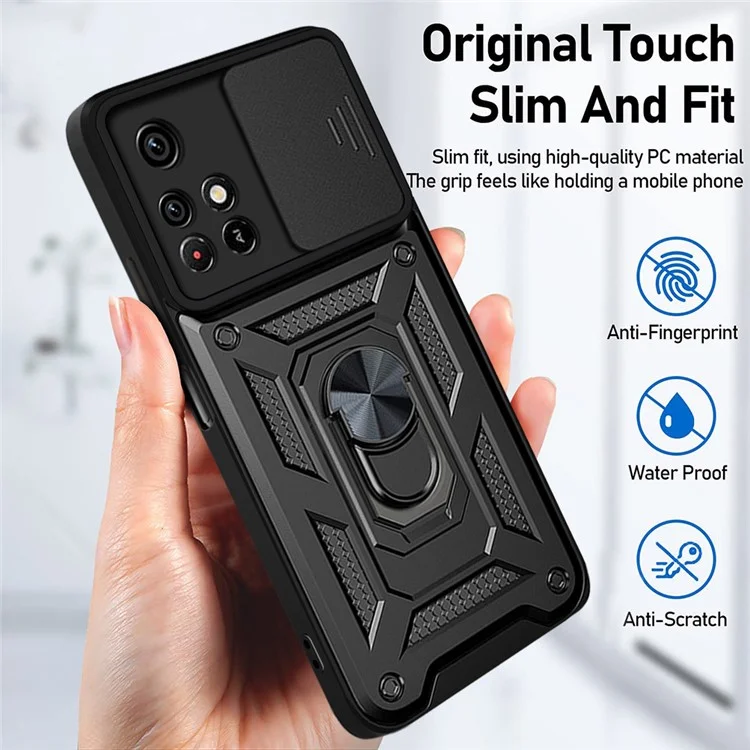 For Xiaomi Redmi Note 11 5G (China) (MediaTek)/Note 11T 5G/Note 11S 5G Camera Slide Cover Ring Holder Kickstand Stylish Anti-scratch PC + TPU Phone Cover Case - Black