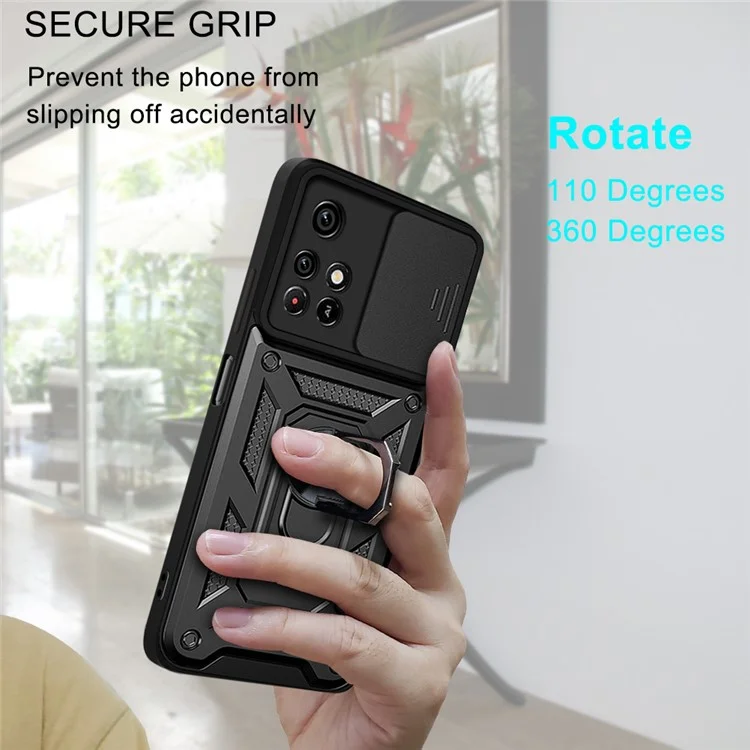 For Xiaomi Redmi Note 11 5G (China) (MediaTek)/Note 11T 5G/Note 11S 5G Camera Slide Cover Ring Holder Kickstand Stylish Anti-scratch PC + TPU Phone Cover Case - Black