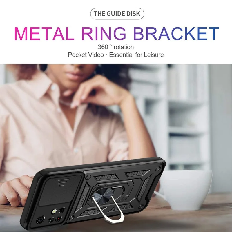 For Xiaomi Redmi Note 11 5G (China) (MediaTek)/Note 11T 5G/Note 11S 5G Camera Slide Cover Ring Holder Kickstand Stylish Anti-scratch PC + TPU Phone Cover Case - Gold