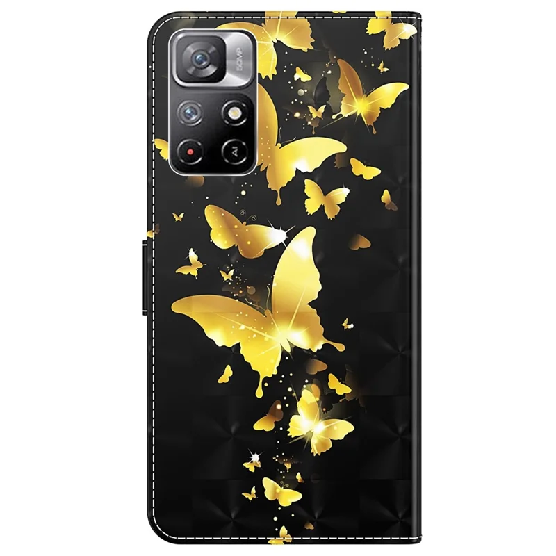 For Xiaomi Redmi Note 11 5G (China) (MediaTek)/Note 11T 5G/Note 11S 5G 3D Pattern Printing Magnetic PU Leather Wallet Stand Book Cover with Strap - Golden Butterfly
