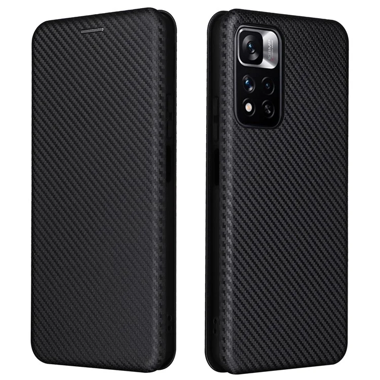 For Xiaomi Redmi Note 11 Pro 5G (China) (MediaTek)/11 Pro+ 5G Carbon Fiber Texture Anti-scratch Auto-absorbed Magnetic Closure Ring Strap Leather Stand Phone Case - Black