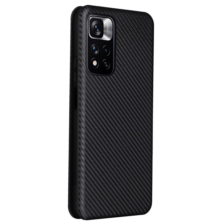 For Xiaomi Redmi Note 11 Pro 5G (China) (MediaTek)/11 Pro+ 5G Carbon Fiber Texture Anti-scratch Auto-absorbed Magnetic Closure Ring Strap Leather Stand Phone Case - Black