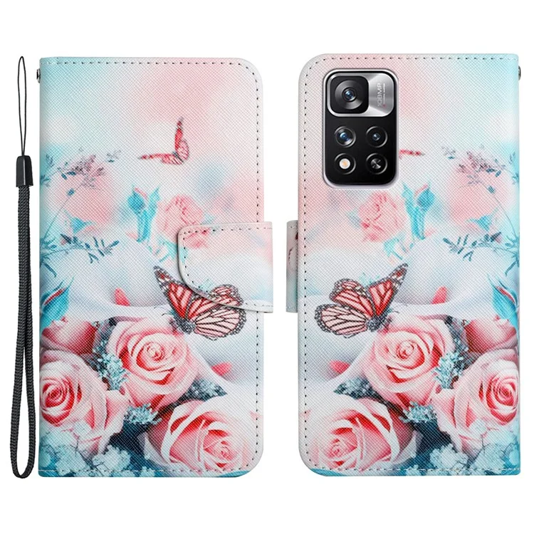 Motivo di Trama Incrociata Stampa in Pelle Copertina di Copertura Del Portafoglio Con Cinturino Per la Mano Per Xiaomi Redmi Note 11 Pro 5G (cina) (mediatiatek)/nota 11 Pro+ 5G - Peonia e Farfalla