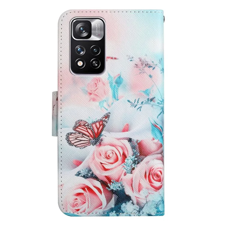 Padrão de Textura Cruzada Impressão de Couro Caixa de Telefone Flip Stand Tampa Com Alça de Mão Para Xiaomi Redmi Note 11 Pro 5G (China) (mediatek)/nota 11 Pro+ 5g - Peony e Borboleta