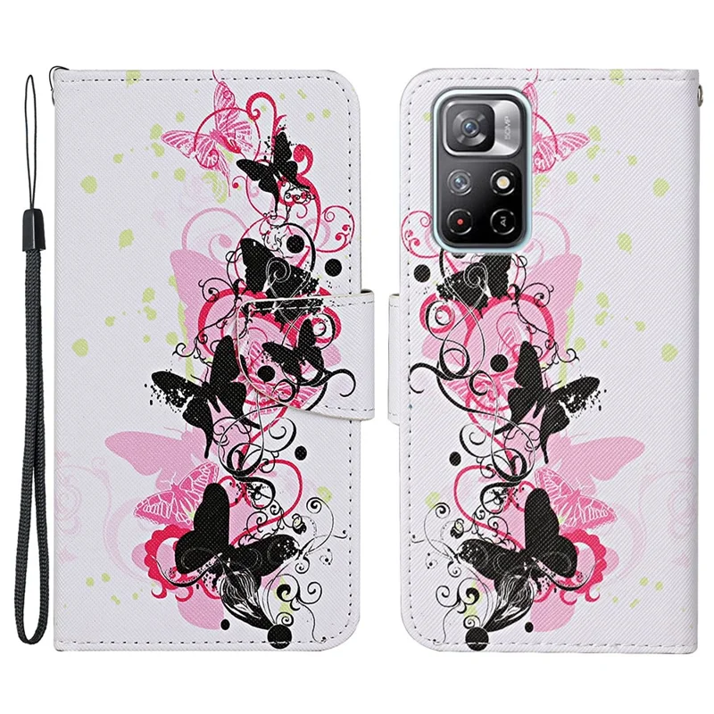 For Xiaomi Redmi Note 11 5G (China) (MediaTek)/Note 11T 5G/Note 11S 5G Cross Texture PU Leather Cover Pattern Printing Flip Wallet Stand Protective Phone Case with Strap - Four Butterflies