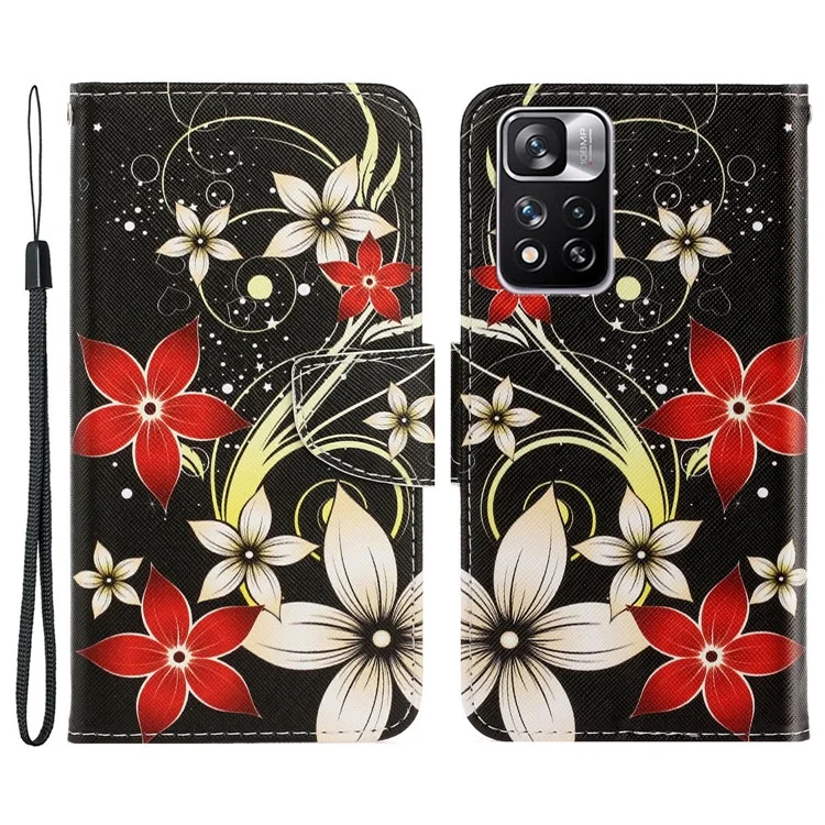 Folio Flip Cross Texture Leather Cover Wallet Stand Pattern Printing Phone Case with Strap for Xiaomi Redmi Note 11 Pro 5G (China) (MediaTek)/Note 11 Pro+ 5G - Red Flowers