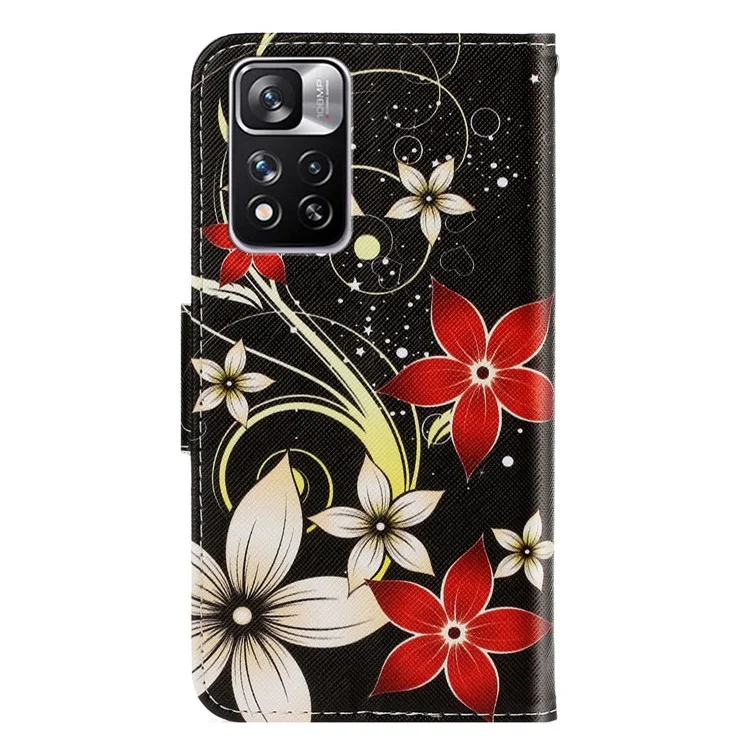 Folio Flip Cross Texture Leather Cover Wallet Stand Pattern Printing Phone Case with Strap for Xiaomi Redmi Note 11 Pro 5G (China) (MediaTek)/Note 11 Pro+ 5G - Red Flowers