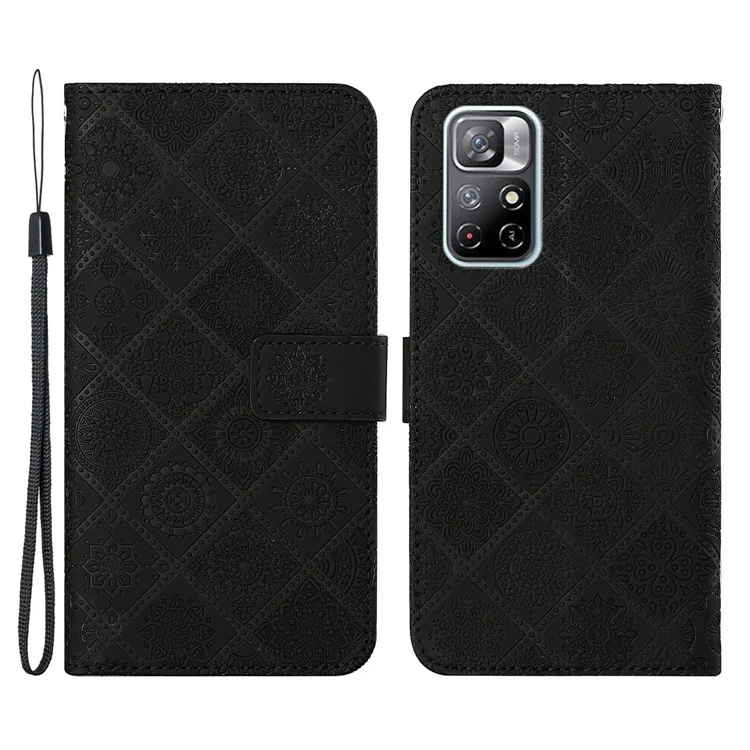 Para Xiaomi Redmi Note 11 5G (China) (Mediatek) / Note 11t 5g / Note 11s 5g Magnético Cierre De Corchete Impresión Estilo étnico Flor Cartera PU Concha De Cuero - Negro