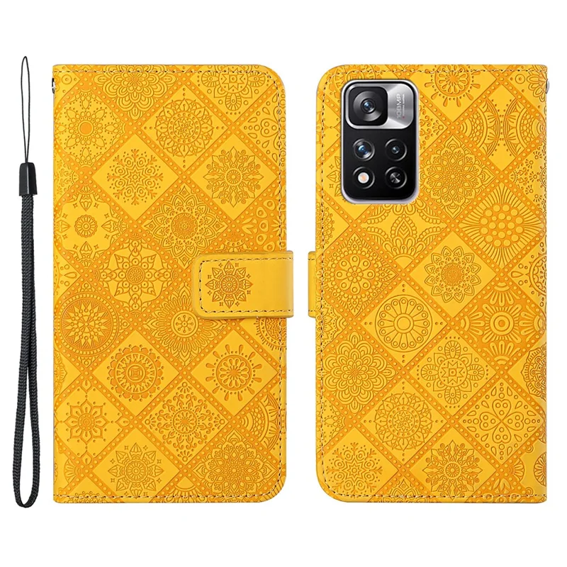 Scratch-resistant Imprint Ethnic Style Flower Magnetic Clasp Wallet PU Leather Shell for Xiaomi Redmi Note 11 Pro 5G (China) (MediaTek)/Note 11 Pro+ 5G - Yellow