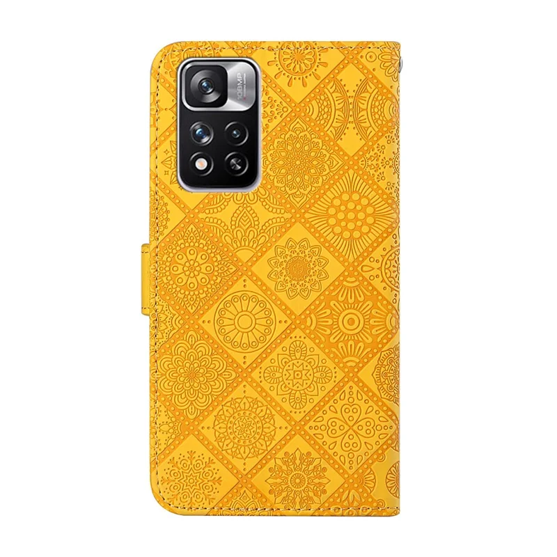 Scratch-resistant Imprint Ethnic Style Flower Magnetic Clasp Wallet PU Leather Shell for Xiaomi Redmi Note 11 Pro 5G (China) (MediaTek)/Note 11 Pro+ 5G - Yellow