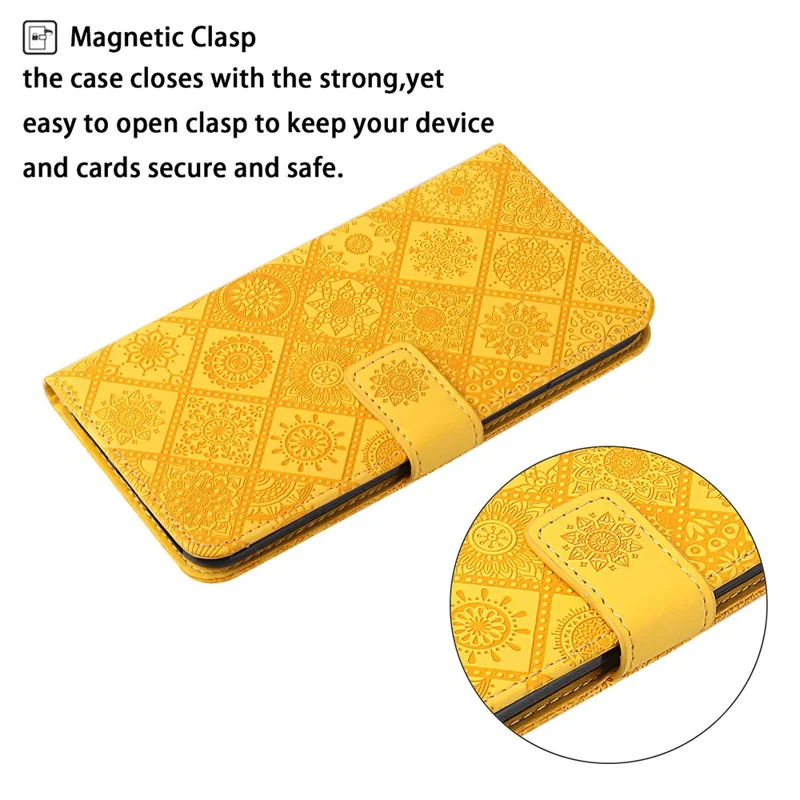 Scratch-resistant Imprint Ethnic Style Flower Magnetic Clasp Wallet PU Leather Shell for Xiaomi Redmi Note 11 Pro 5G (China) (MediaTek)/Note 11 Pro+ 5G - Yellow