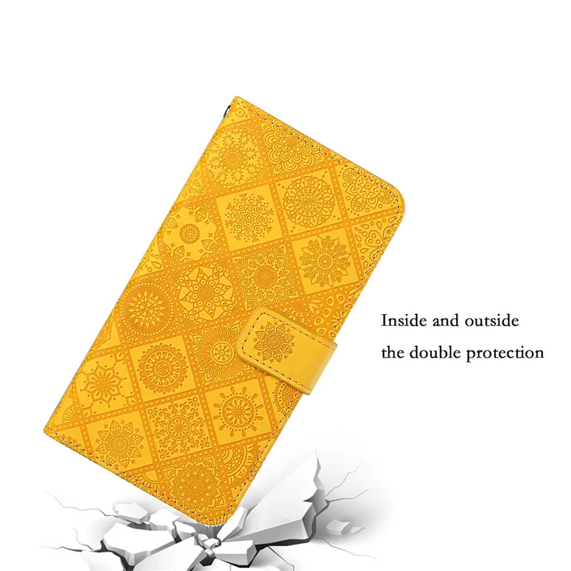 Scratch-resistant Imprint Ethnic Style Flower Magnetic Clasp Wallet PU Leather Shell for Xiaomi Redmi Note 11 Pro 5G (China) (MediaTek)/Note 11 Pro+ 5G - Yellow