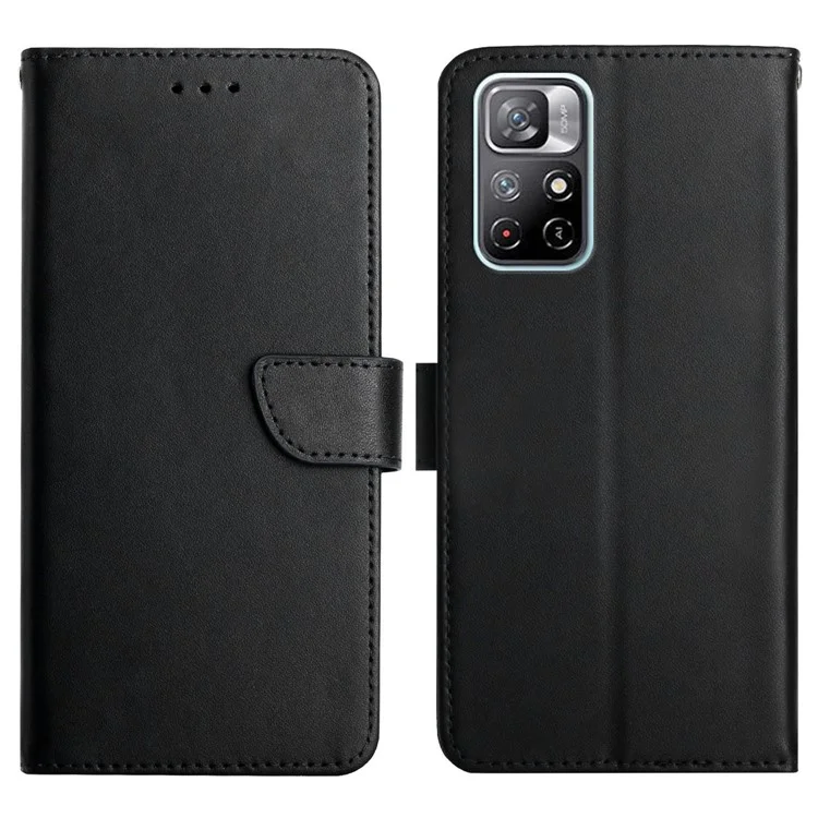 Para Xiaomi Redmi Note 11 5G/Note 11T 5G/Note 11S 5G Fecho Magnético Anti-queda Couro Genuíno Textura Nappa Flip Phone Covering Phone Case Stand Wallet - Preto