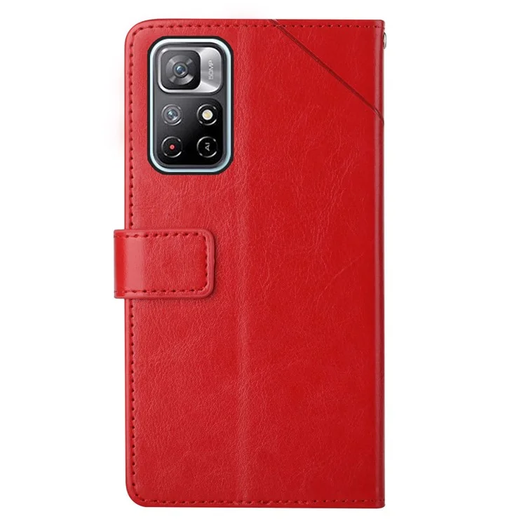 For Xiaomi Redmi Note 11 5G (China) (MediaTek)/Note 11T 5G/Note 11S 5G PU Leather + TPU Phone Case Imprinted Y-shaped Lines Magnetic Stand Flip Wallet Phone Cover with Strap - Red