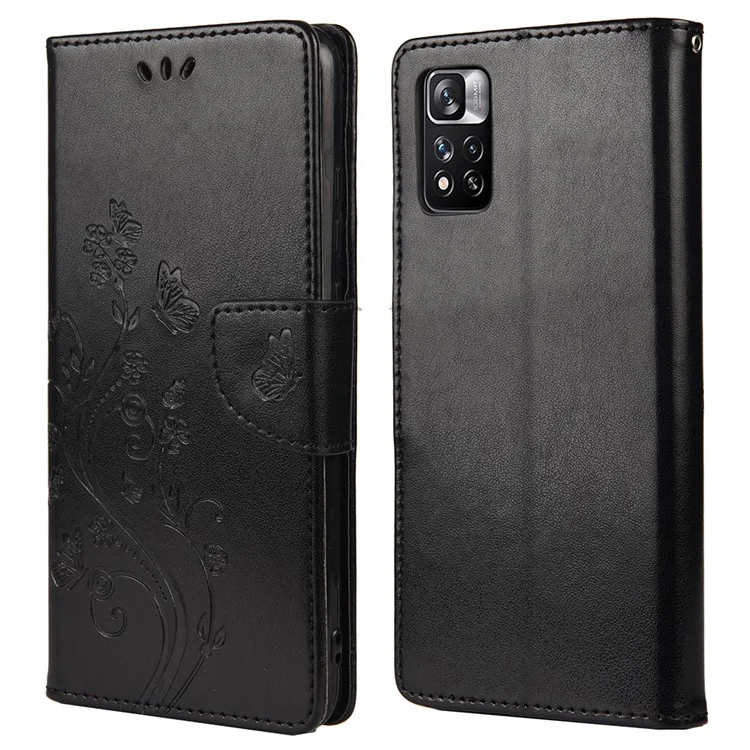 Modèle de Fleur de Papillon Imprimé PU en Cuir en Cuir Magnétique Magnétique Couvercle du Support de Portefeuille Portefeuille Case de Téléphone Pour Xiaomi Redmi Note 11 Pro 5G (chine) (mediatek) / Note 11 Pro + 5G - le Noir