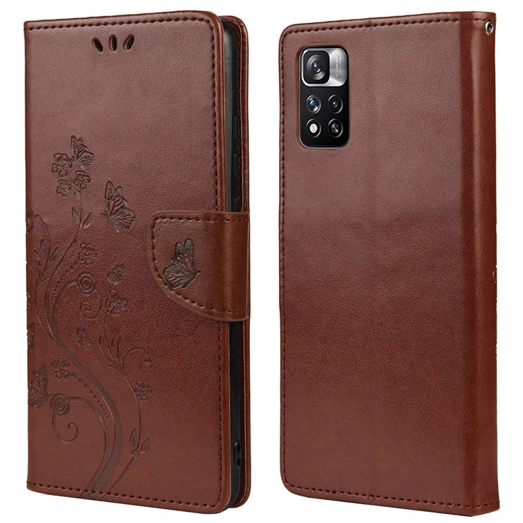 Чехол-книжка для телефона Xiaomi Redmi Note 11 Pro 5G (Китай) (MediaTek)/Note 11 Pro+ 5G с имитацией бабочки и цветочного узора, коричневый
