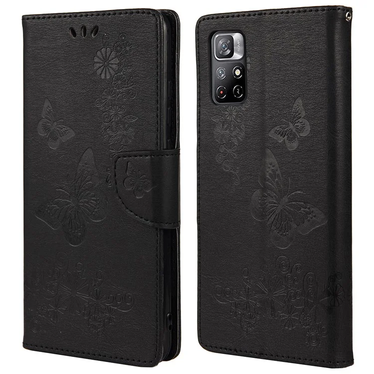 Für Xiaomi Redmi Anmerkung 11 5G (China) (MediaTek)/Note 11t 5G/Note 11s 5G Anti-schock-sprudeln Schöner Schmetterlingsblumen Blume Schutz Telefonschale Flip Stillet Wallet Leder Handy Hülle - Schwarz