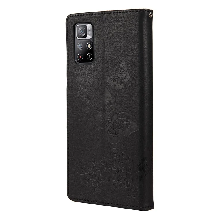 For Xiaomi Redmi Note 11 5G (China) (MediaTek)/Note 11T 5G/Note 11S 5G Anti-shock Imprinting Beautiful Butterfly Flower Protective Phone Shell Flip Stand Wallet Leather Phone Case - Black