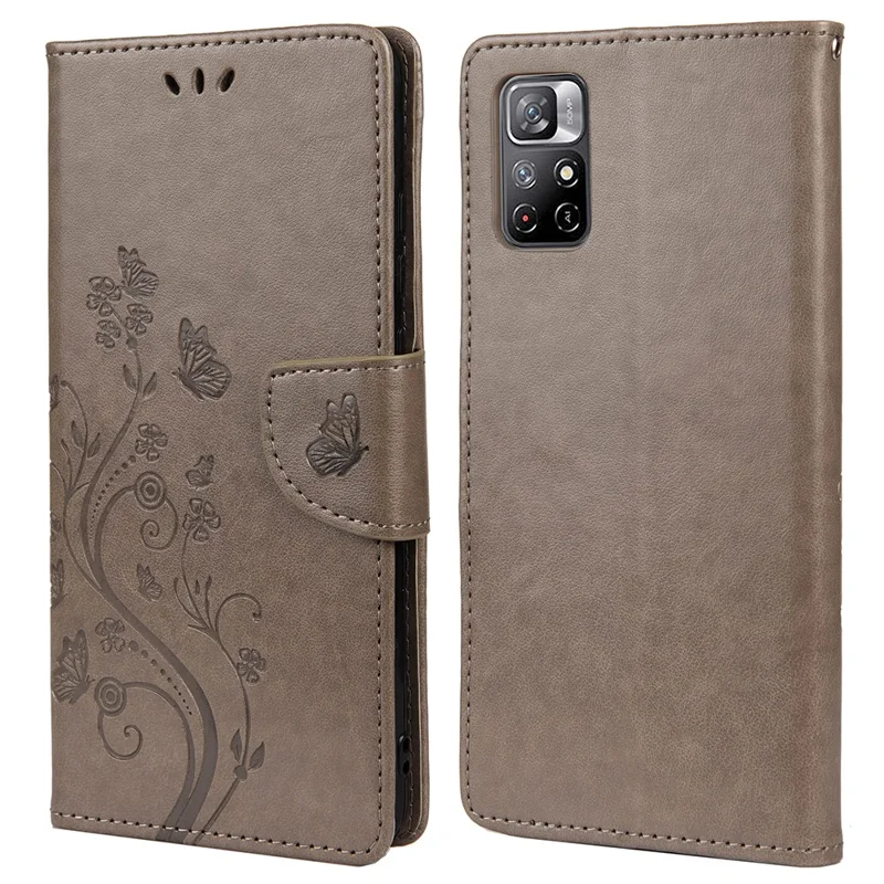 For Xiaomi Redmi Note 11 5G (China) (MediaTek)/Note 11T 5G/Note 11S 5G Supporting Stand Phone Case Imprinting Butterfly Flower Flip Wallet Leather Phone Covering - Grey