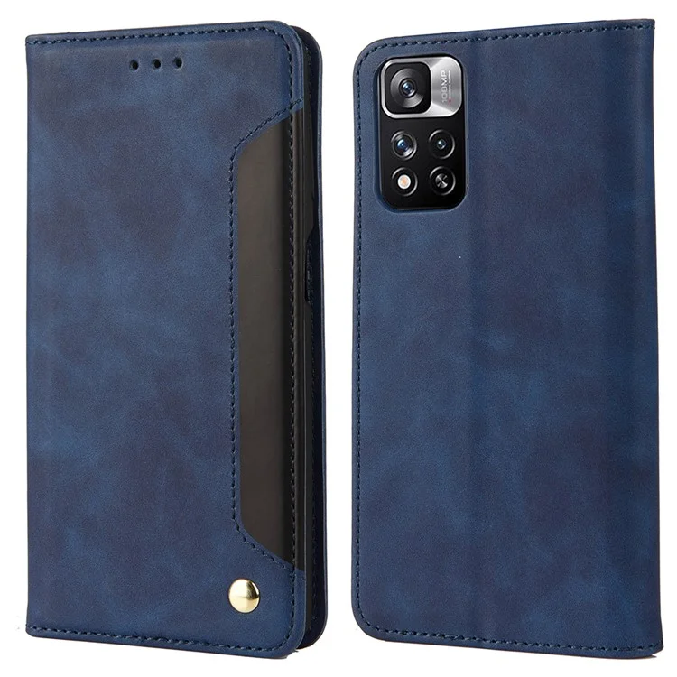 Tocada na Pele Stand Stand Color Color Splicing Caixa de Couro Tampa Para Xiaomi Redmi Note 11 Pro 5G (China) (mediatek)/nota 11 Pro+ 5g - Azul