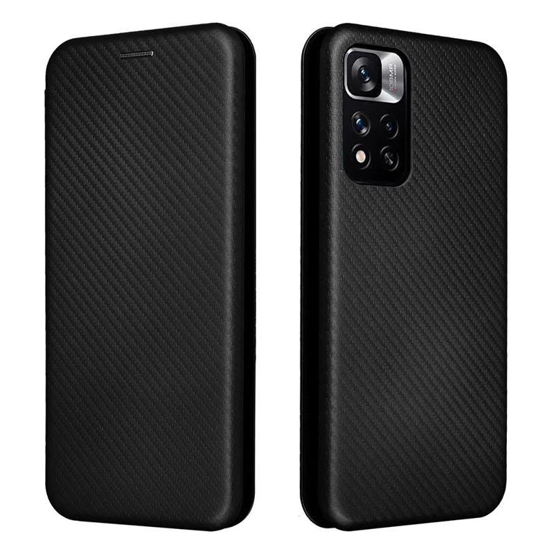 Correo de Ranura de la Tarjeta Correa de Fibra de Carbono Fibra Textura Anti-scratch Propina a Prueba de Caída Automagsorbida de Cierre Magnético Teléfono de Cuero Cubierta Con Soporte Para Xiaomi Redmi Note 11 5G (China) (MediaTek)/Redmi Nota 11T 5G/Redmi Note 11S 5G - Negro
