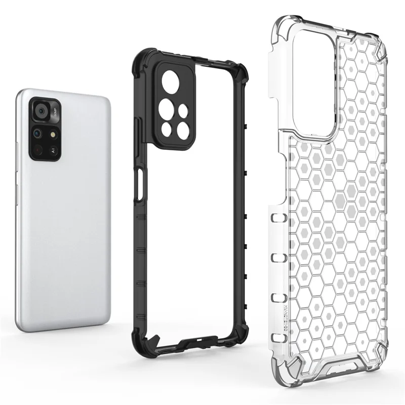 Honeycomb-mønster, kridt- og stødfast kombikase af TPU + PC til Xiaomi Redmi Note 11 5G (Kina) (MediaTek)/Redmi Note 11T 5G/Redmi Note 11S 5G – Grå